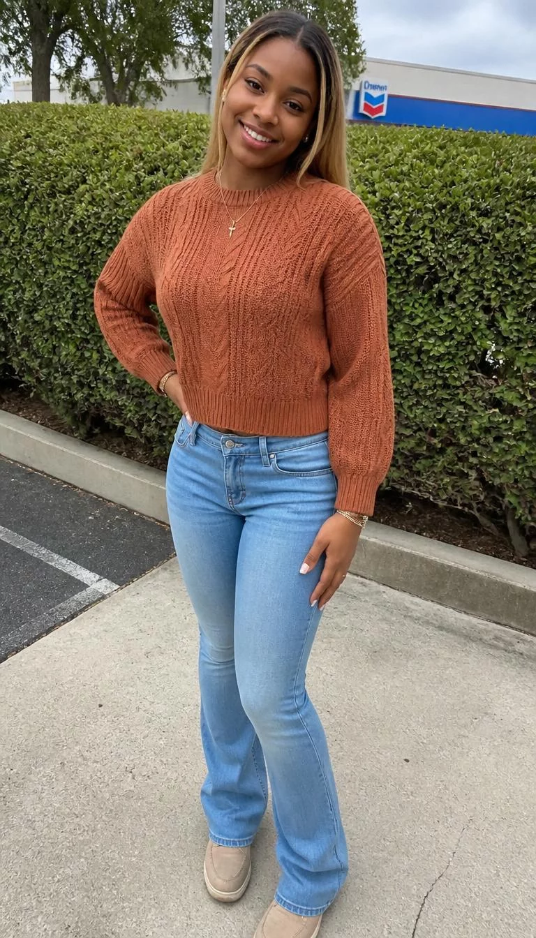 Rust Sweater And Cream Knit With Skirt A photorealistic full body shot of a 19-year-old Afro-Caribbean woman with a oblong face, dark brown, straight nose, thin arched eyebrows, and full lips. Her face features small scar on the eyebrow, faint under-eye shadows, and subtle natural facial asymmetry. She has round brown eyes, rounded cheeks, broad smile, playful. She is athletic build with dark hair and blonde hair hair and is wearing a rust-colored sweater with jeans, or a cream sweater with a black skirt, outdoors, everyday social media post aesthetic, high-quality mobile photography, shot on an iPhone 14.