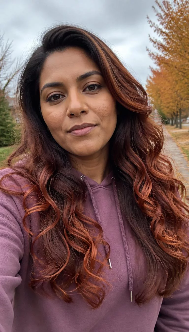 selfie of a 33-year-old South Asian woman with a oblong face, golden brown, broad nose, feathered eyebrows, and thin lips. Her face features dimples, subtle acne marks, and subtle natural facial asymmetry. She has downturned amber eyes, high cheekbones, neutral expression, confident. She is average and is wearing a Mauve Hoodie with copper and orange spiced pumpkin balayage long bouncy ringlets hair, overcast daylight, fall outdoor background