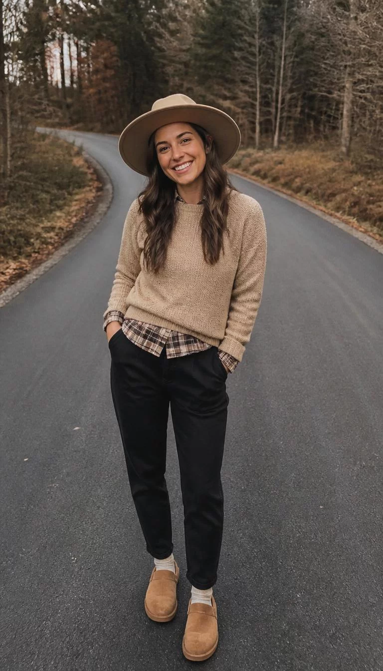 Tan Crew Neck Sweater And Wide Brim Hat A photorealistic full body shot of a 24-year-old Northern European woman with a square face, tan, rounded nose, straight eyebrows, and thin lips. Her face features gap between front teeth, a few laugh lines, and subtle natural facial asymmetry. She has deep-set blue eyes, high cheekbones, broad smile, playful. She is petite with brown wavy hair and is wearing a tan crew neck sweater layered over a plaid shirt with black pants and a wide-brim hat, everyday social media post aesthetic, high-quality mobile photography, shot on an iPhone 14.