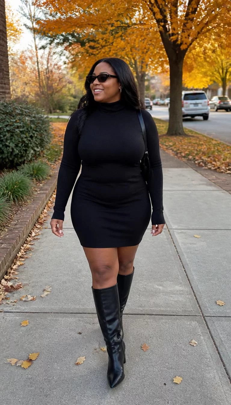 Black Turtleneck Dress And Knee High Boots A photorealistic full body shot of a 31-year-old Afro-Caribbean woman with a heart-shaped face, olive, broad nose, softly curved eyebrows, and heart-shaped lips. Her face features gap between front teeth, faint under-eye shadows, and subtle natural facial asymmetry. She has monolid gray eyes, rounded cheeks, broad smile, confident. She is curvy build with dark wavy hair and is wearing a black turtleneck dress, knee-high black boots, and black sunglasses, walking outdoors surrounded by fall foliage, everyday social media post aesthetic, high-quality mobile photography, shot on an iPhone 14.