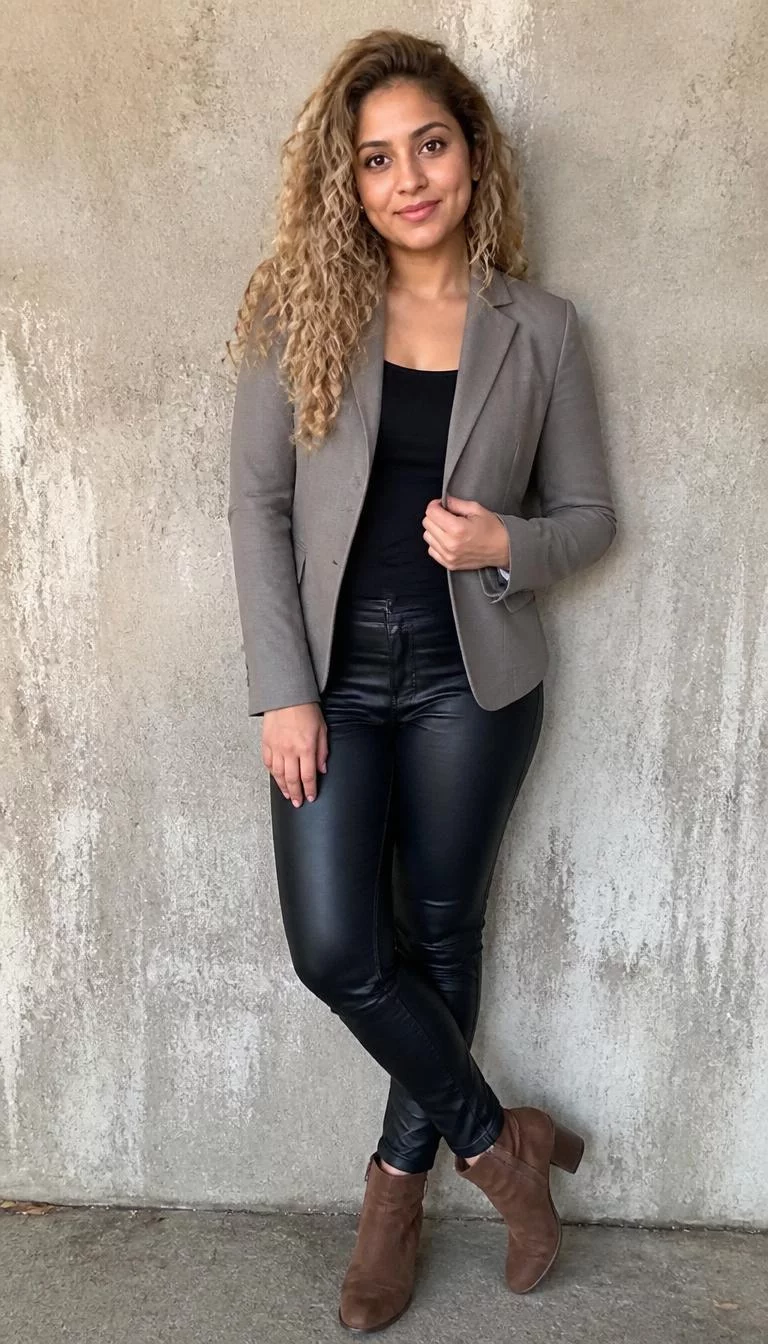 Grey Blazer And Faux Leather Leggings A photorealistic full body shot of a 34-year-old South Asian woman with a pear-shaped face, light, upturned nose, feathered eyebrows, and wide lips. Her face features dimples, slightly flushed cheeks, and subtle natural facial asymmetry. She has round green eyes, soft cheekbones, subtle smile, thoughtful. She is slim with blonde curly hair and is wearing a grey blazer, black top, faux leather leggings, and brown boots, stands against a textured wall, everyday social media post aesthetic, high-quality mobile photography, shot on an iPhone 14.