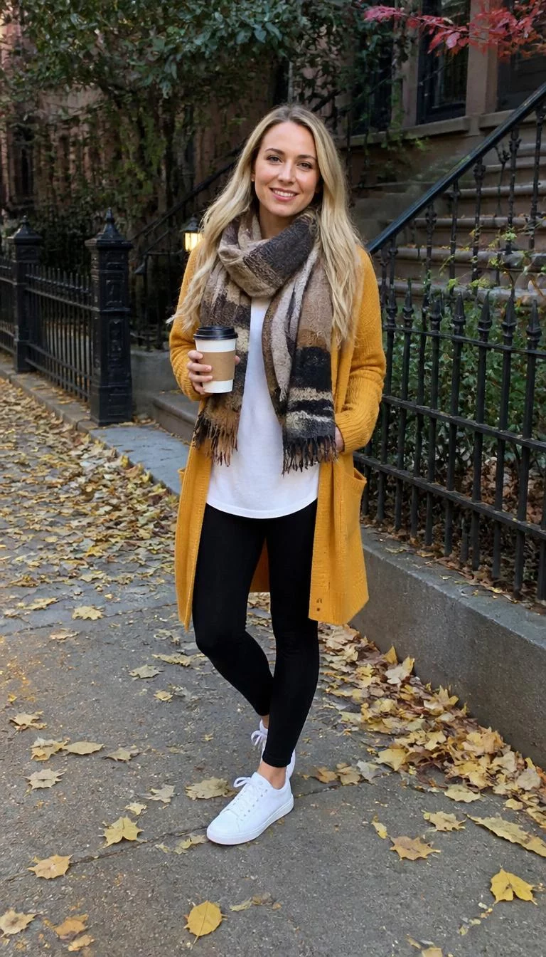 Mustard Yellow Cardigan And Large Scarf A photorealistic full body shot of a 32-year-old Northern European woman with a pear-shaped face, deep brown, straight nose, straight eyebrows, and heart-shaped lips. Her face features uneven eyebrows, faint under-eye shadows, and subtle natural facial asymmetry. She has almond-shaped green eyes, soft cheekbones, closed-mouth smile, relaxed. She is average build with blonde straight hair and is wearing a mustard yellow long cardigan, white t-shirt, black leggings, and a large scarf, holding coffee, everyday social media post aesthetic, high-quality mobile photography, shot on an iPhone 14.