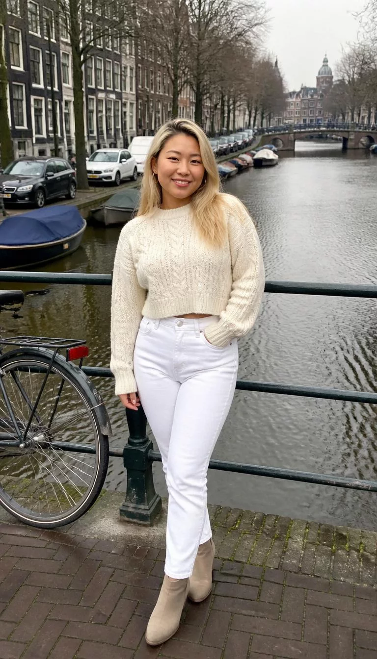 Cream Cable Knit Sweater And White Pants A photorealistic full body shot of a 26-year-old East Asian woman with a oblong face, deep brown, rounded nose, thin arched eyebrows, and full lips. Her face features faint freckles across the nose, visible pores, and subtle natural facial asymmetry. She has round green eyes, pronounced cheekbones, subtle smile, playful. She is curvy build with blonde straight hair and is wearing a cream cable-knit sweater, white pants, and beige ankle boots, smiling by a canal in Amsterdam, everyday social media post aesthetic, high-quality mobile photography, shot on an iPhone 14.