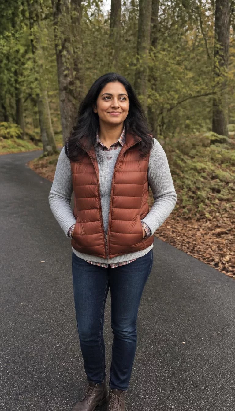 Plaid Shirt And Rust Puffer Vest A photorealistic full body shot of a 35-year-old South Asian woman with a round face, golden brown, aquiline nose, straight eyebrows, and full lips. Her face features dimples, slightly flushed cheeks, and subtle natural facial asymmetry. She has downturned green eyes, pronounced cheekbones, closed-mouth smile, thoughtful. She is slim with dark wavy hair and is wearing a rust-colored puffer vest over a grey sweater and a plaid shirt, paired with dark wash jeans, everyday social media post aesthetic, high-quality mobile photography, shot on an iPhone 14.