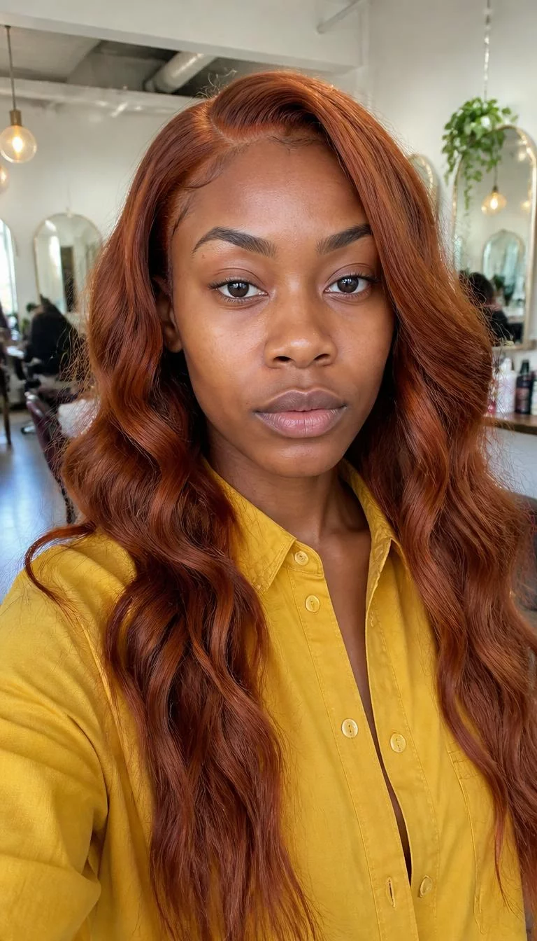 Ginger Snap Waves selfie of a 23-year-old Black woman with a square face, dark brown, narrow nose, thick natural eyebrows, and thin lips. Her face features small scar on the eyebrow, faint under-eye shadows, and subtle natural facial asymmetry. She has monolid gray eyes, high cheekbones, neutral expression, confident. She is athletic and is wearing a Mustard Yellow Oxford Shirt with ginger snap reddish-brown wavy hair, bright natural daylight, hair salon