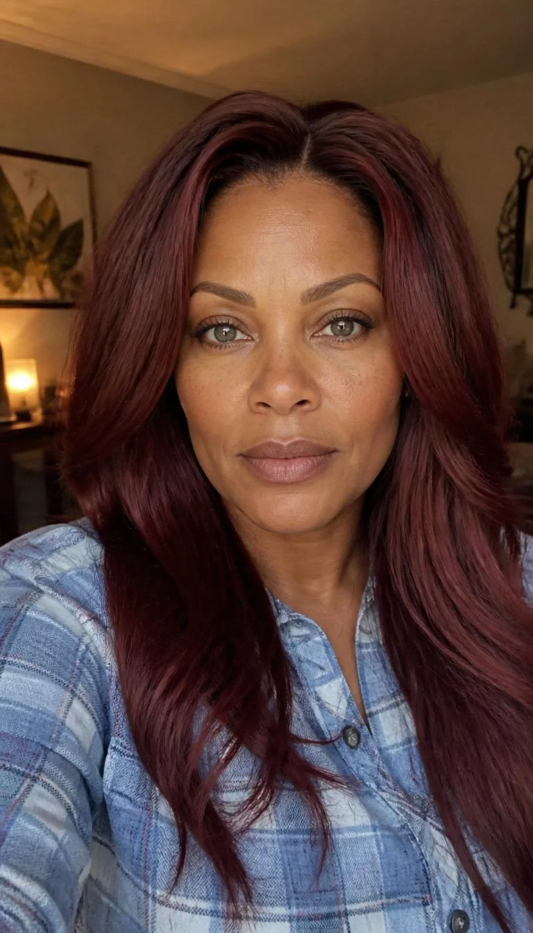Deep Burgundy Wine selfie of a 46-year-old Black woman with a oval face, dark brown, straight nose, straight eyebrows, and full lips. Her face features widow's peak hairline, light freckles, and subtle natural facial asymmetry. She has round gray eyes, pronounced cheekbones, neutral expression, confident. She is average and is wearing a Light Blue Flannel Shirt with deep burgundy red long hair, warm indoor lighting, indoor
