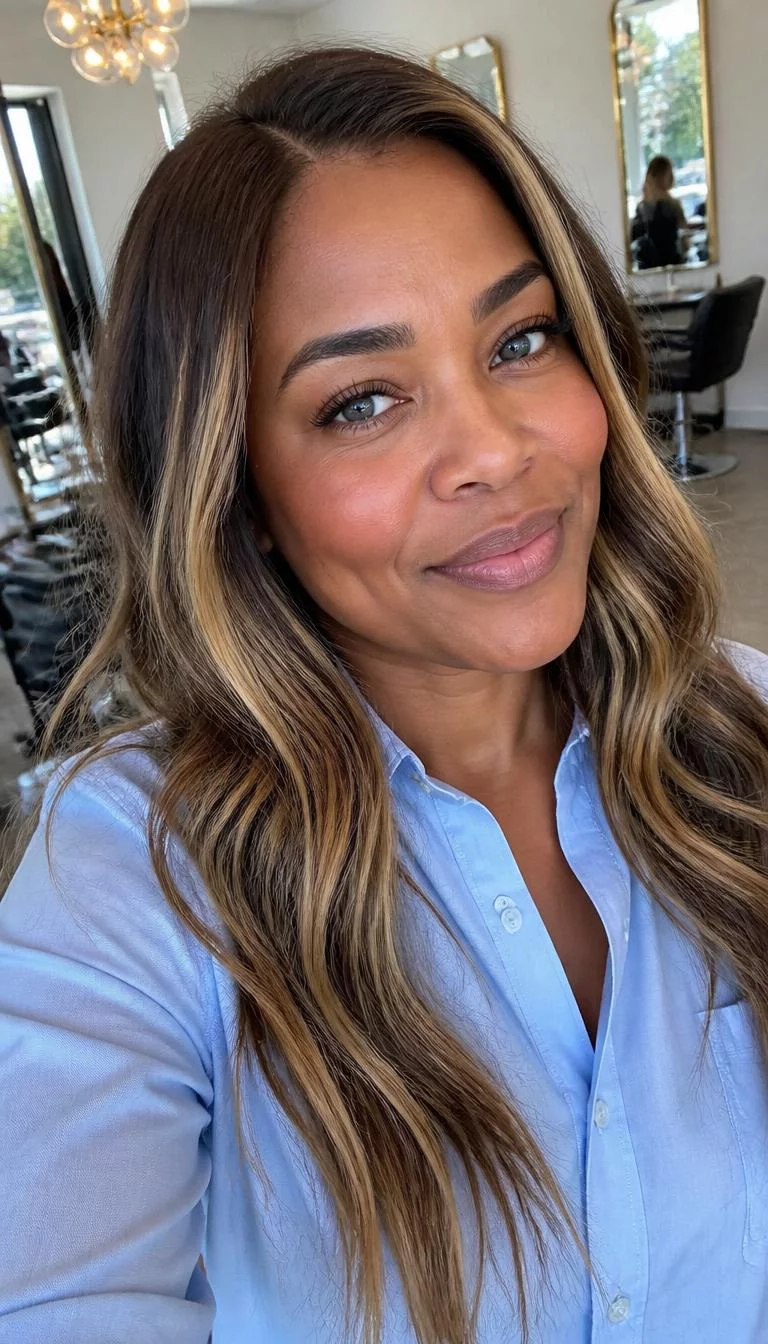 Antique Gold Accents selfie of a 41-year-old Black woman with a square face, dark brown, upturned nose, thick natural eyebrows, and heart-shaped lips. Her face features dimples, slightly flushed cheeks, and subtle natural facial asymmetry. She has almond-shaped blue eyes, high cheekbones, subtle smile, cheerful. She is petite and is wearing a Light Blue Oxford Shirt with antique gold blonde highlights long hair, bright natural daylight, hair salon