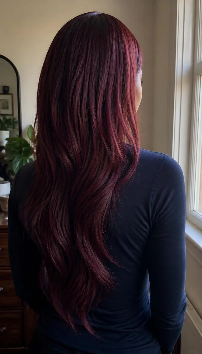 Black Cherry Bliss A back shot with face not visible of a 31-year-old Black woman with a oval face, dark brown, broad nose, softly curved eyebrows, and thin lips. Her face features uneven eyebrows, a few laugh lines, and subtle natural facial asymmetry. She has monolid amber eyes, soft cheekbones, closed-mouth smile, confident. She is slim and is wearing a Navy Long Sleeve Tee with black cherry deep red long hair, soft window light, indoor