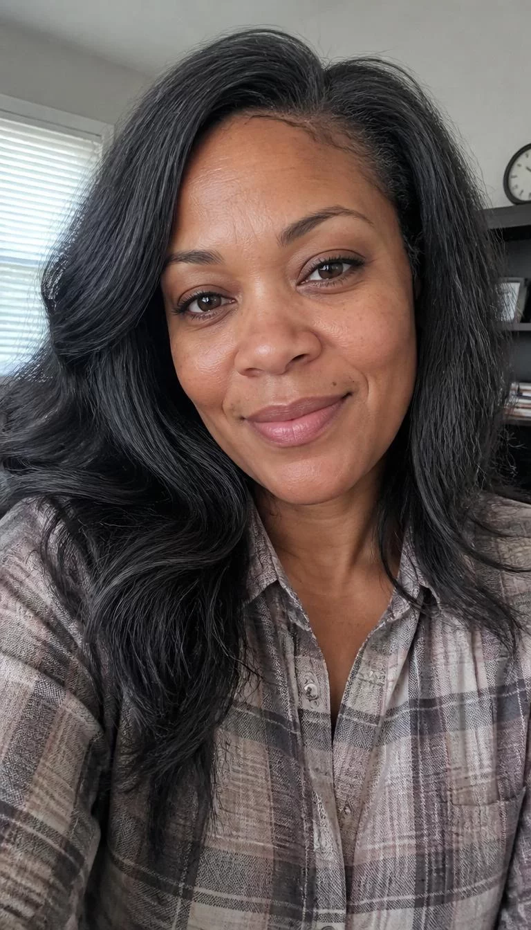 Smoky Charcoal Tones selfie of a 38-year-old Black woman with a square face, dark brown, upturned nose, softly curved eyebrows, and heart-shaped lips. Her face features beauty mark near the lip, light freckles, and subtle natural facial asymmetry. She has hooded dark brown eyes, soft cheekbones, broad smile, thoughtful. She is average and is wearing a Taupe Plaid Shirt with smoky charcoal dark gray long hair, overcast daylight, indoor