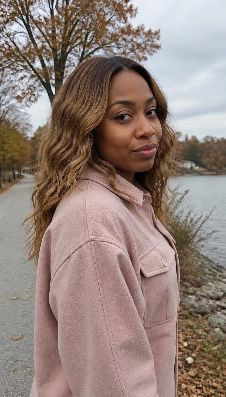 Sandy Beige Balayage A side photo of a 31-year-old Black woman with a heart-shaped face, dark brown, rounded nose, straight eyebrows, and wide lips. Her face features beauty mark near the lip, faint under-eye shadows, and subtle natural facial asymmetry. She has almond-shaped amber eyes, rounded cheeks, neutral expression, playful. She is petite and is wearing a Blush Pink Shacket with sandy beige light brown wavy hair, overcast daylight, fall outdoor background