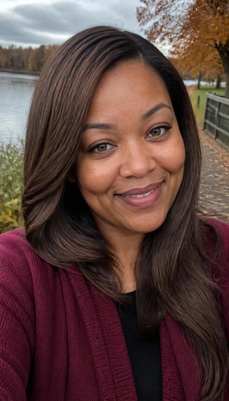 Bronze Goddess Tones selfie of a 40-year-old Black woman with a diamond face, dark brown, straight nose, feathered eyebrows, and heart-shaped lips. Her face features dimples, subtle acne marks, and subtle natural facial asymmetry. She has upturned hazel eyes, rounded cheeks, broad smile, cheerful. She is average and is wearing a Burgundy Cardigan with bronze metallic long hair, overcast daylight, fall outdoor background