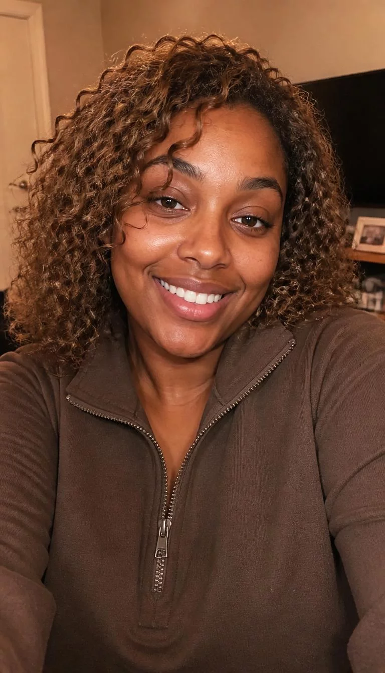 Mocha Latte Swirl selfie of a 27-year-old Black woman with a heart-shaped face, dark brown, aquiline nose, feathered eyebrows, and full lips. Her face features uneven eyebrows, faint under-eye shadows, and subtle natural facial asymmetry. She has downturned brown eyes, soft cheekbones, broad smile, relaxed. She is plus-size and is wearing a Brown Quarter-Zip Pullover with mocha latte light brown curly hair, warm indoor lighting, indoor