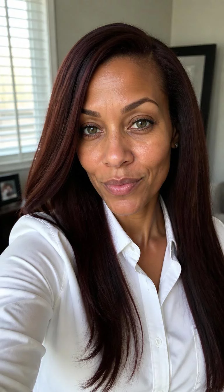 selfie of a 40-year-old Black woman with a square face, dark brown, aquiline nose, thin arched eyebrows, and thin lips. Her face features faint freckles across the nose, faint under-eye shadows, and subtle natural facial asymmetry. She has round green eyes, pronounced cheekbones, neutral expression, playful. She is athletic and is wearing a White Oxford Shirt with mahogany red long silk-press hair, soft window light, indoor