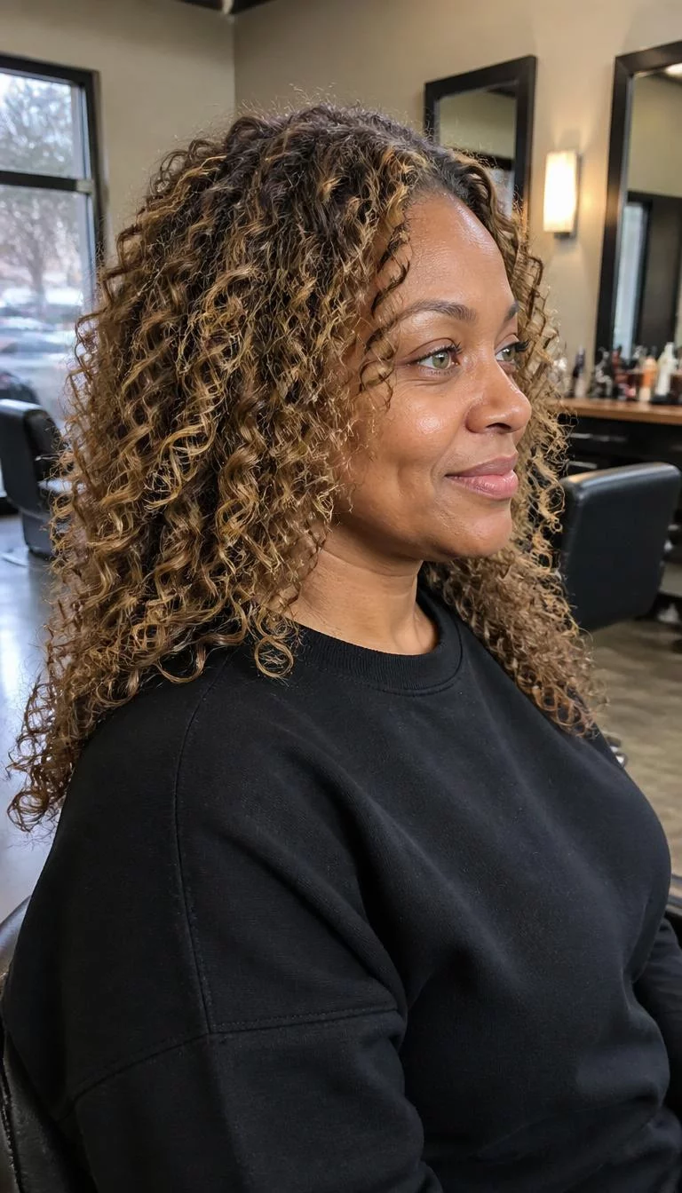 Golden Honey Highlights A side photo of a 45-year-old Black woman with a heart-shaped face, dark brown, narrow nose, straight eyebrows, and thin lips. Her face features dimples, faint under-eye shadows, and subtle natural facial asymmetry. She has almond-shaped green eyes, high cheekbones, subtle smile, cheerful. She is curvy and is wearing a Black Crewneck Sweatshirt with golden honey blonde curly highlights hair, overcast daylight, hair salon