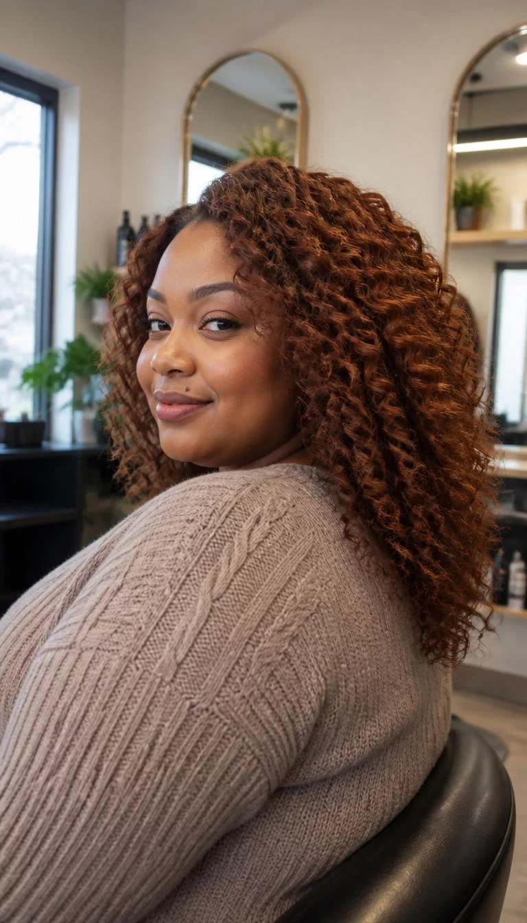 Warm Cinnamon Curls A side photo of a 28-year-old Black woman with a heart-shaped face, dark brown, rounded nose, softly curved eyebrows, and heart-shaped lips. Her face features beauty mark near the lip, slightly flushed cheeks, and subtle natural facial asymmetry. She has upturned gray eyes, high cheekbones, closed-mouth smile, playful. She is plus-size and is wearing a Taupe Cable Knit Sweater with cinnamon brown curly hair, soft window light, hair salon