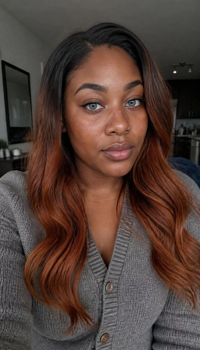 Copper Spice Balayage selfie of a 29-year-old Black woman with a round face, dark brown, straight nose, thick natural eyebrows, and heart-shaped lips. Her face features faint freckles across the nose, visible pores, and subtle natural facial asymmetry. She has upturned blue eyes, soft cheekbones, neutral expression, confident. She is athletic and is wearing a Gray Cardigan with copper orange wavy balayage hair, overcast daylight, indoor
