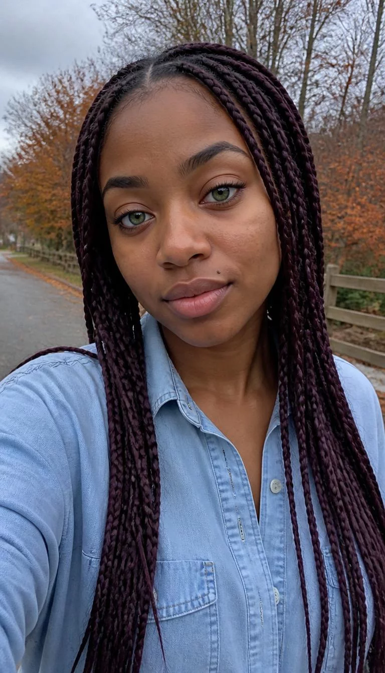 Muted Plum Velvet selfie of a 26-year-old Black woman with a pear-shaped face, dark brown, rounded nose, thick natural eyebrows, and heart-shaped lips. Her face features beauty mark near the lip, subtle acne marks, and subtle natural facial asymmetry. She has round green eyes, soft cheekbones, neutral expression, thoughtful. She is petite and is wearing a Light Blue Chambray Shirt with deep plum purple long box braids hair, overcast daylight, fall outdoor background