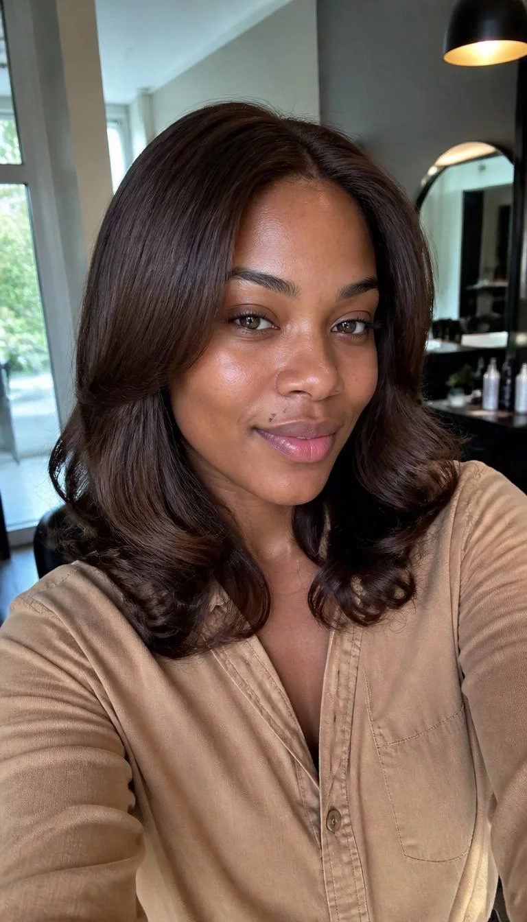Chestnut Brown Blend selfie of a 24-year-old Black woman with a square face, dark brown, straight nose, feathered eyebrows, and thin lips. Her face features beauty mark near the lip, faint under-eye shadows, and subtle natural facial asymmetry. She has hooded hazel eyes, pronounced cheekbones, subtle smile, cheerful. She is athletic and is wearing a Camel Chambray Shirt with chestnut brown medium hair, soft window light, hair salon