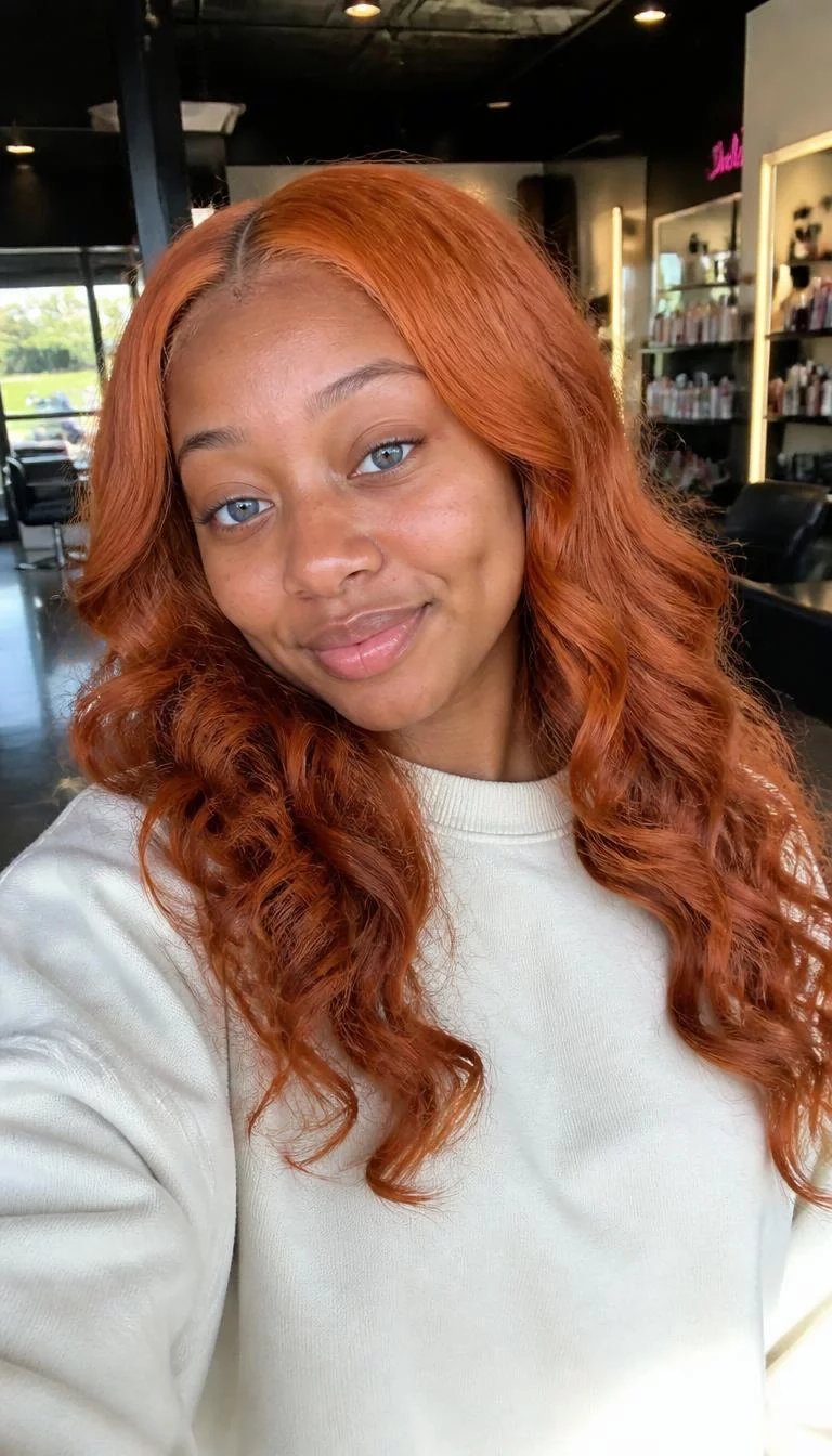 Pumpkin Spice Glow selfie of a 23-year-old Black woman with a oblong face, dark brown, narrow nose, softly curved eyebrows, and full lips. Her face features dimples, visible pores, and subtle natural facial asymmetry. She has downturned blue eyes, rounded cheeks, subtle smile, cheerful. She is petite and is wearing a Cream Crewneck Sweatshirt with pumpkin spice orange long curly hair, bright natural daylight, hair salon