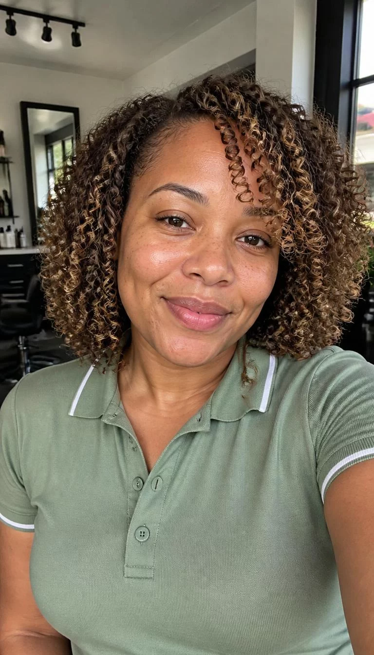Hazelnut Toffee Crunch selfie of a 32-year-old Afro-Caribbean woman with a round face, light, rounded nose, straight eyebrows, and full lips. Her face features dimples, light freckles, and subtle natural facial asymmetry. She has monolid brown eyes, high cheekbones, closed-mouth smile, playful. She is average and is wearing a sage green tennis polo with medium brown with toffee highlights coiled bob hair, bright natural daylight, hair salon