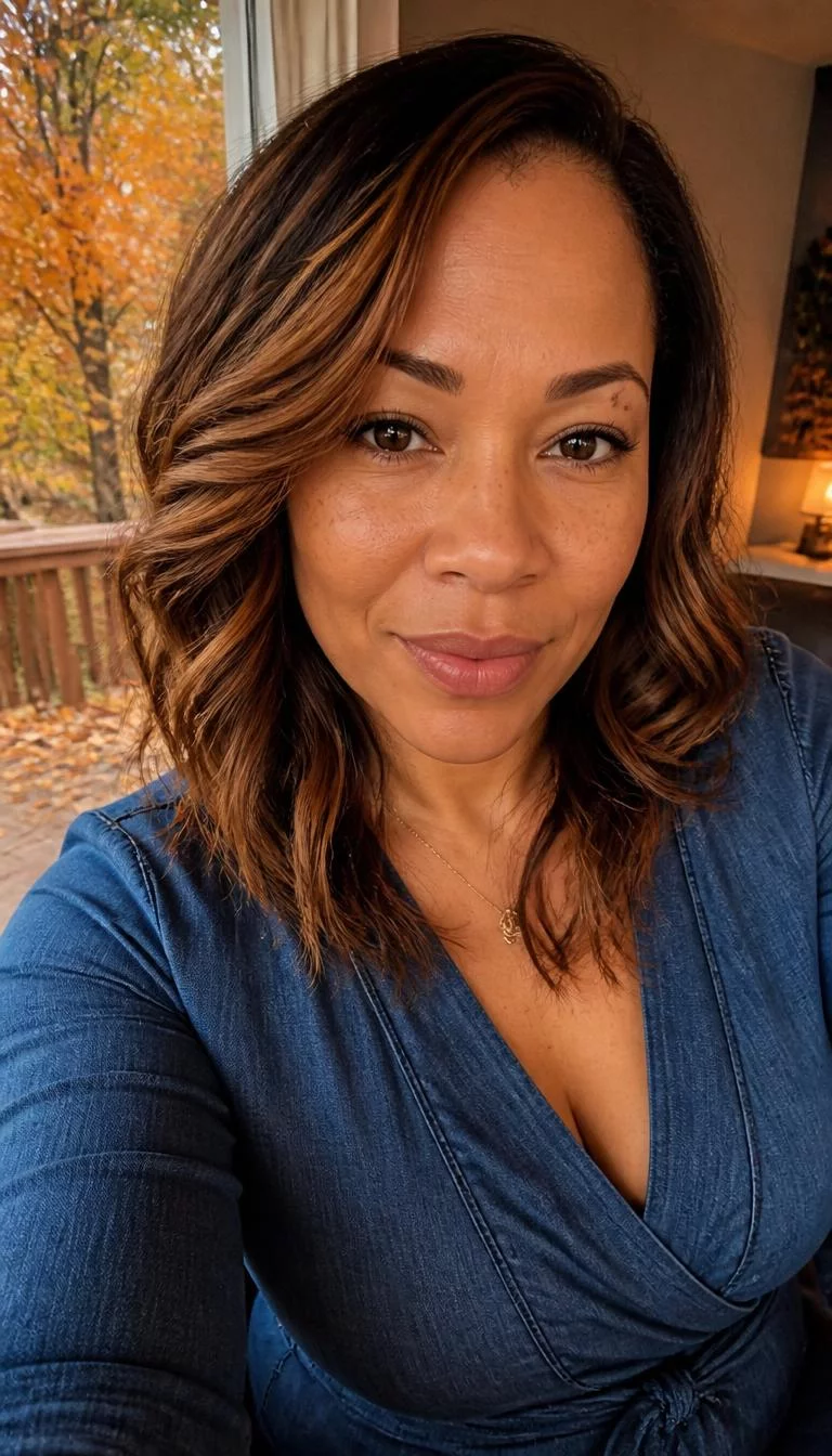 selfie of a 44-year-old Mixed-race woman with a oblong face, golden brown, broad nose, straight eyebrows, and wide lips. Her face features small scar on the eyebrow, light freckles, and subtle natural facial asymmetry. She has almond-shaped dark brown eyes, pronounced cheekbones, closed-mouth smile, confident. She is petite and is wearing a denim blue wrap blouse with copper-toned cinnamon spiced balayage wavy mid-length hair, warm indoor lighting, fall outdoor background