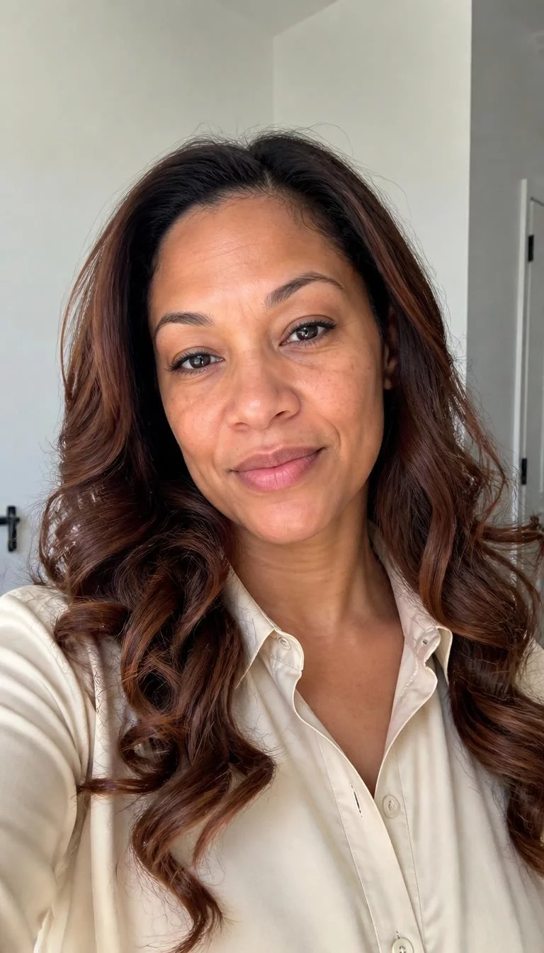 selfie of a 46-year-old Afro-Caribbean woman with a pear-shaped face, fair, broad nose, feathered eyebrows, and thin lips. Her face features slightly crooked smile, subtle acne marks, and subtle natural facial asymmetry. She has almond-shaped dark brown eyes, pronounced cheekbones, subtle smile, confident. She is average and is wearing a beige oxford shirt with burnt sugar brunette long voluminous curls hair, bright natural daylight, indoor