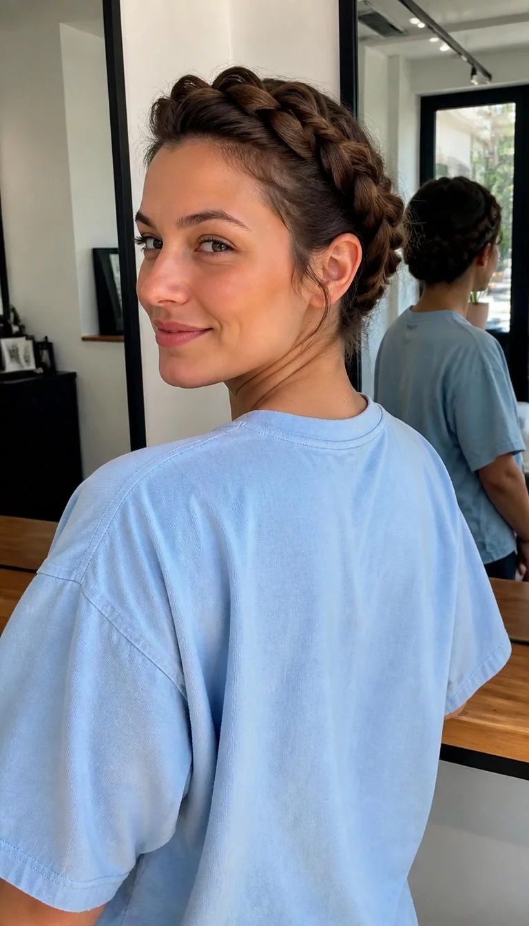 A back photo of a 29-year-old Eastern European woman with a heart-shaped face, deep brown, rounded nose, thin arched eyebrows, and heart-shaped lips. Her face features uneven eyebrows, a few laugh lines, and subtle natural facial asymmetry. She has monolid amber eyes, pronounced cheekbones, subtle smile, confident. She is athletic and is wearing a baby blue oversized t-shirt with roasted chestnut long braided crown hair, bright natural daylight, hair salon