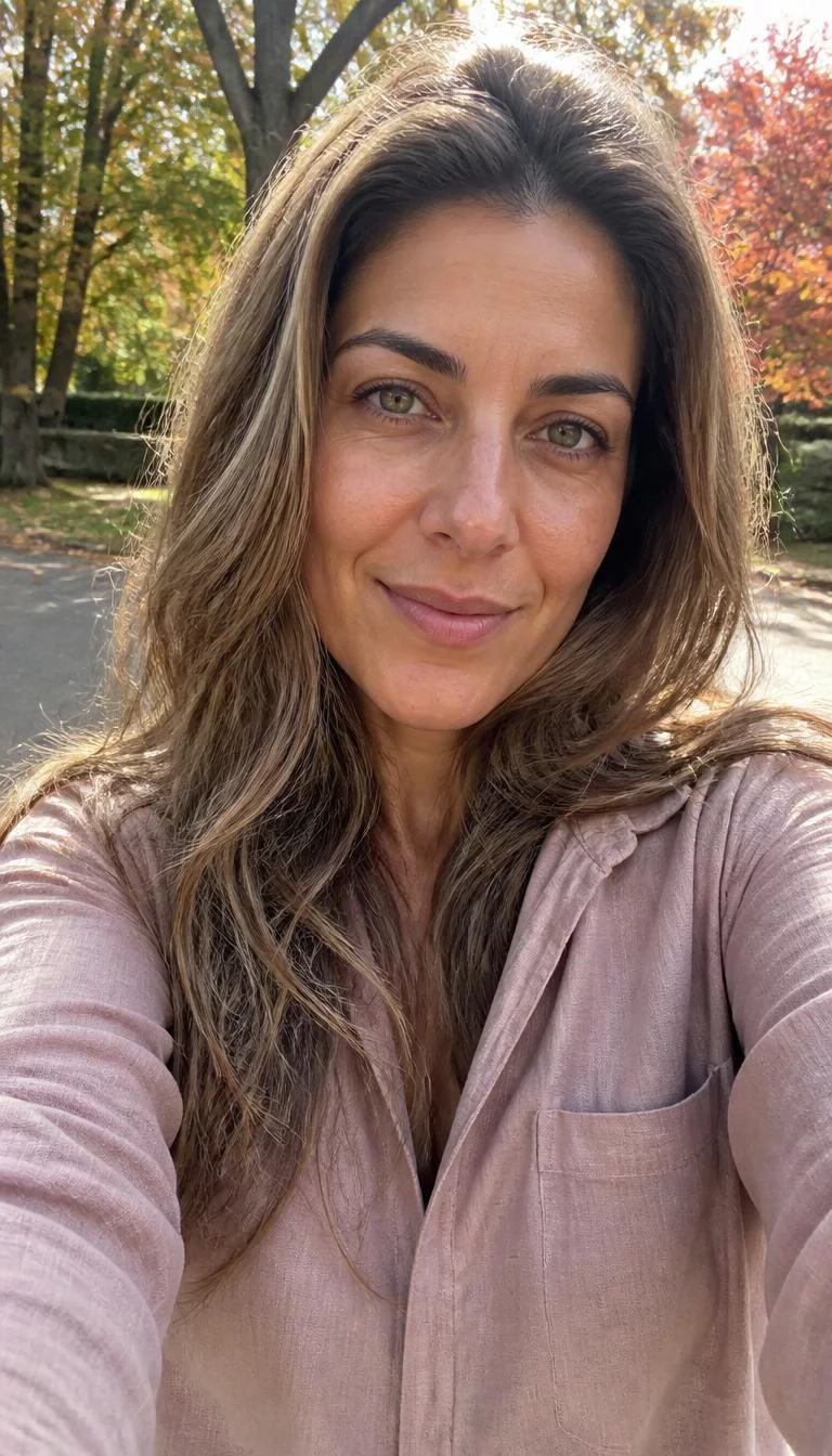 selfie of a 38-year-old Mediterranean woman with a heart-shaped face, tan, broad nose, straight eyebrows, and full lips. Her face features uneven eyebrows, visible pores, and subtle natural facial asymmetry. She has almond-shaped green eyes, rounded cheeks, subtle smile, relaxed. She is athletic and is wearing a blush pink chambray shirt with sandy mocha long blowout hair, bright natural daylight, fall outdoor background