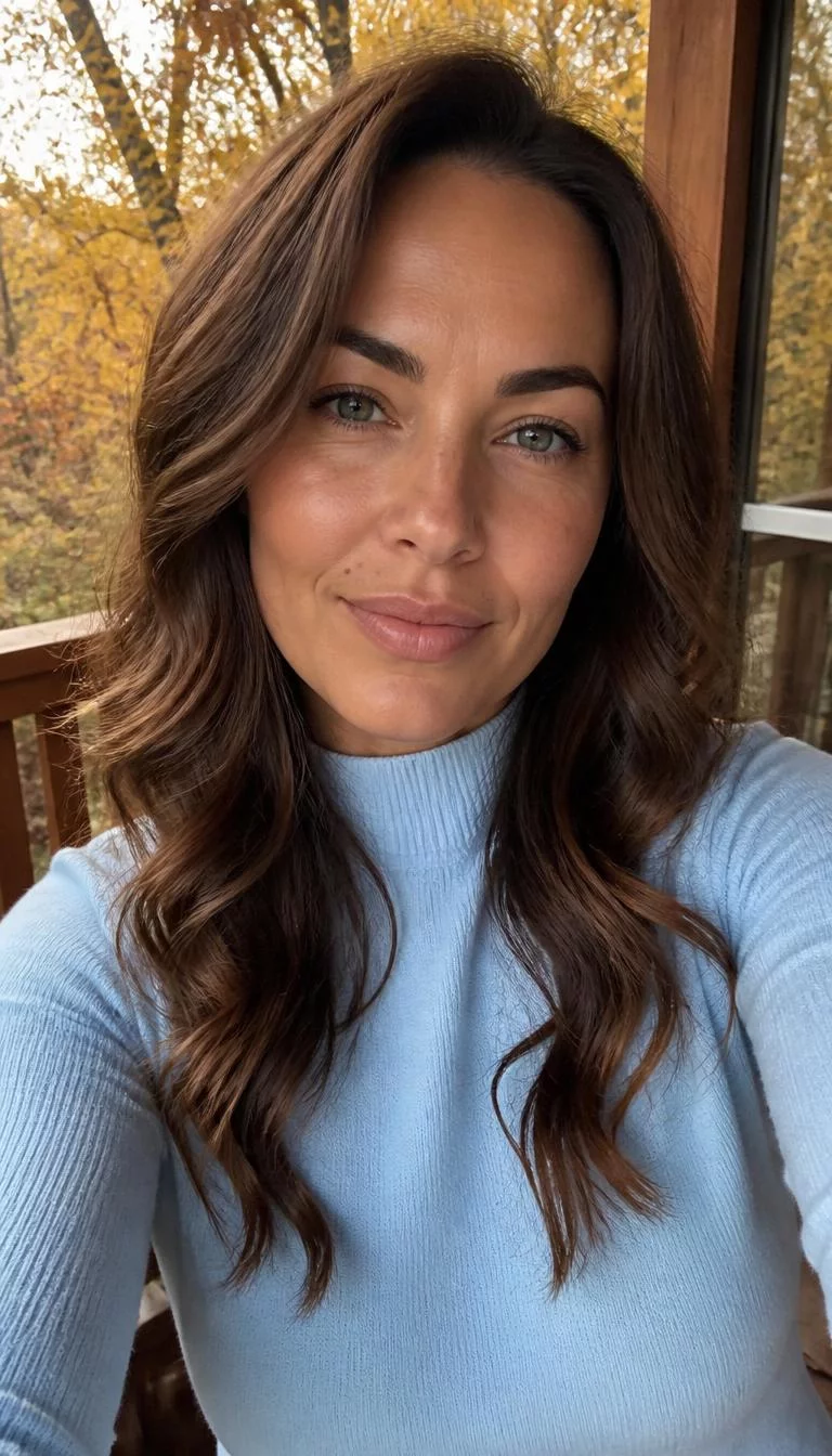 selfie of a 36-year-old Eastern European woman with a oval face, tan, button nose, feathered eyebrows, and wide lips. Her face features beauty mark near the lip, subtle acne marks, and subtle natural facial asymmetry. She has deep-set gray eyes, soft cheekbones, closed-mouth smile, relaxed. She is average and is wearing a baby blue mock neck sweater with pecan pie brown long soft curls hair, warm indoor lighting, fall outdoor background