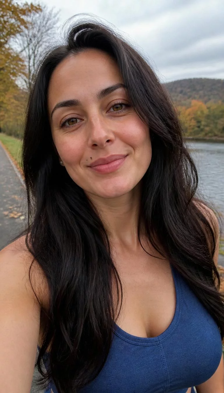 selfie of a 35-year-old Mediterranean woman with a pear-shaped face, olive, button nose, thin arched eyebrows, and full lips. Her face features beauty mark near the lip, slightly flushed cheeks, and subtle natural facial asymmetry. She has hooded amber eyes, rounded cheeks, broad smile, thoughtful. She is slim and is wearing a denim blue activewear top with black cherry gloss long silky hair, overcast daylight, fall outdoor background