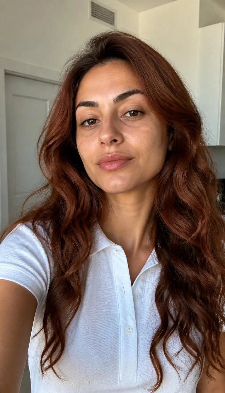 selfie of a 29-year-old Mediterranean woman with a heart-shaped face, deep brown, button nose, softly curved eyebrows, and wide lips. Her face features uneven eyebrows, visible pores, and subtle natural facial asymmetry. She has almond-shaped dark brown eyes, rounded cheeks, neutral expression, confident. She is slim and is wearing a white polo shirt with spiced cider auburn long wavy hair, bright natural daylight, indoor