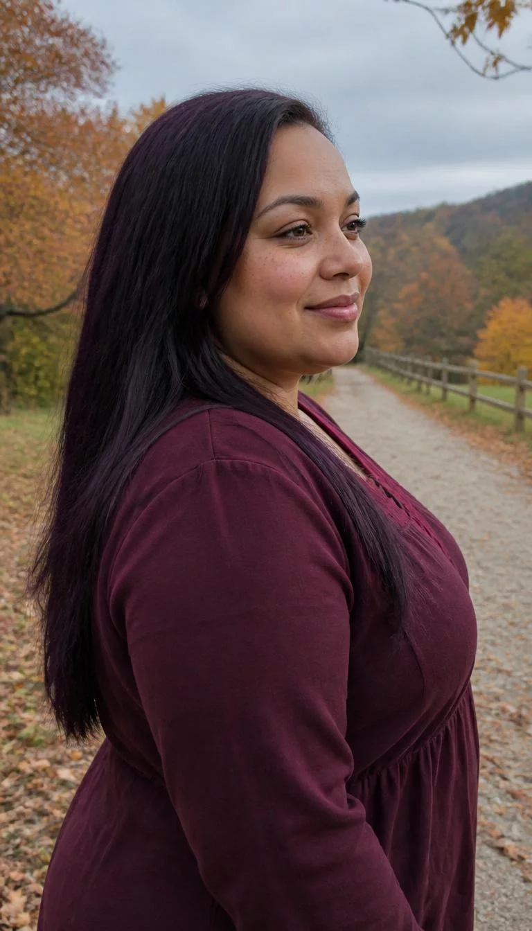 A side photo of a 31-year-old Mixed-race woman with a oval face, light, rounded nose, softly curved eyebrows, and wide lips. Her face features faint freckles across the nose, slightly flushed cheeks, and subtle natural facial asymmetry. She has hooded gray eyes, rounded cheeks, subtle smile, cheerful. She is plus-size and is wearing a burgundy tunic top with deep plum noir long straight hair, overcast daylight, fall outdoor background