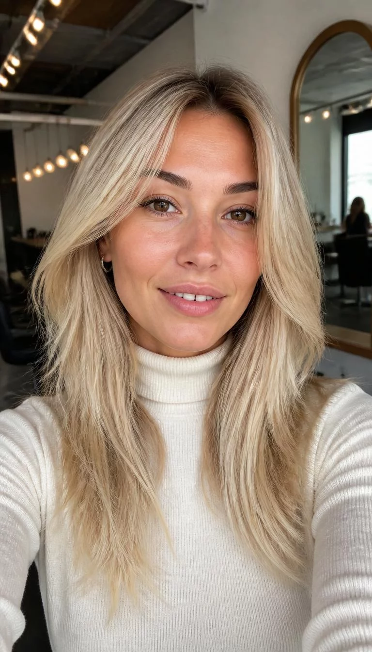 selfie of a 36-year-old Eastern European woman with a oblong face, tan, rounded nose, thin arched eyebrows, and full lips. Her face features gap between front teeth, subtle acne marks, and subtle natural facial asymmetry. She has upturned amber eyes, soft cheekbones, neutral expression, cheerful. She is slim and is wearing a cream mock neck sweater with pale buttercream blonde long layered hair, bright natural daylight, hair salon