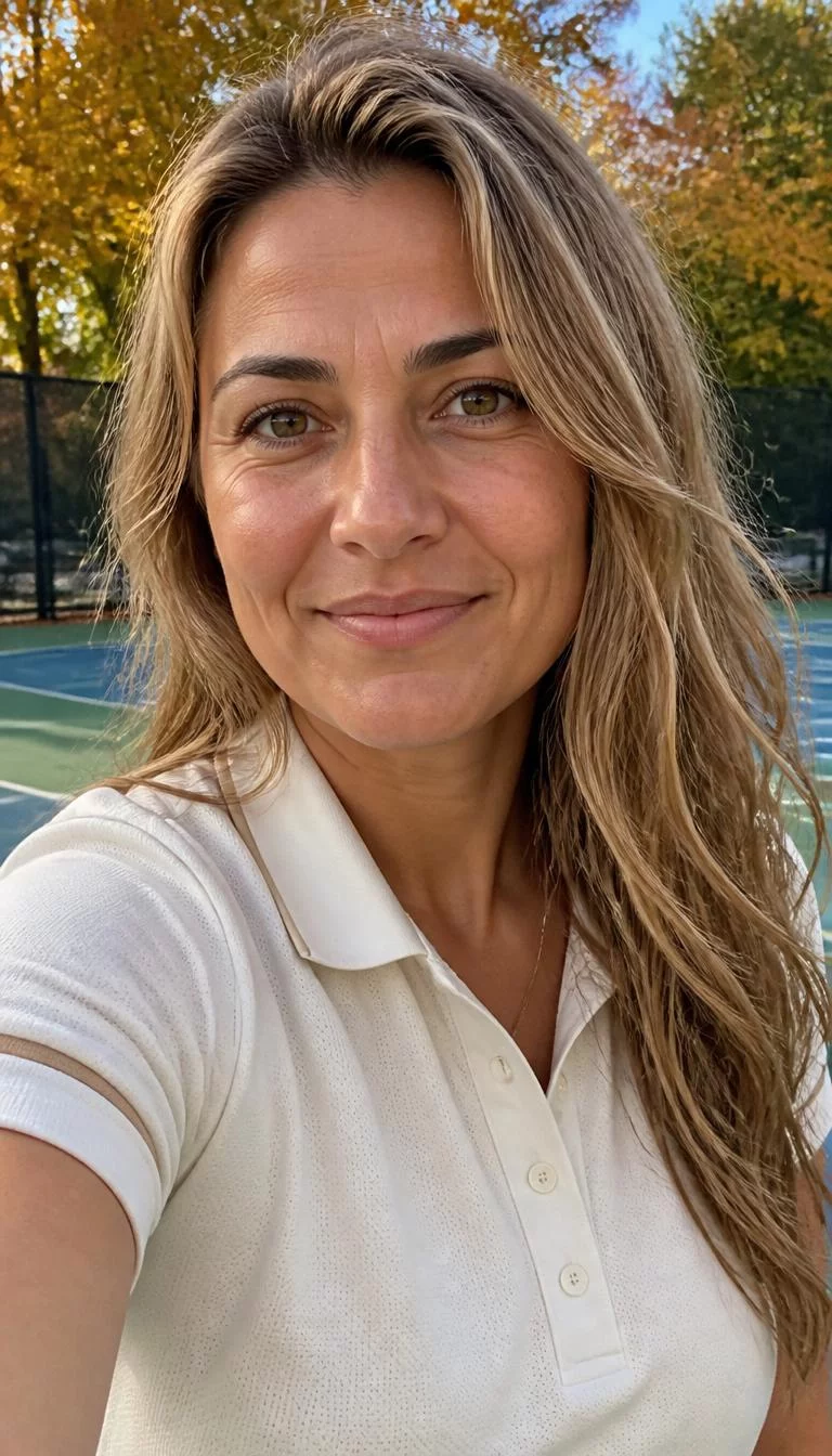 selfie of a 39-year-old Mediterranean woman with a square face, deep brown, rounded nose, straight eyebrows, and full lips. Her face features uneven eyebrows, a few laugh lines, and subtle natural facial asymmetry. She has round hazel eyes, rounded cheeks, closed-mouth smile, cheerful. She is athletic and is wearing a cream tennis polo with iced vanilla chai long tousled hair, bright natural daylight, fall outdoor background