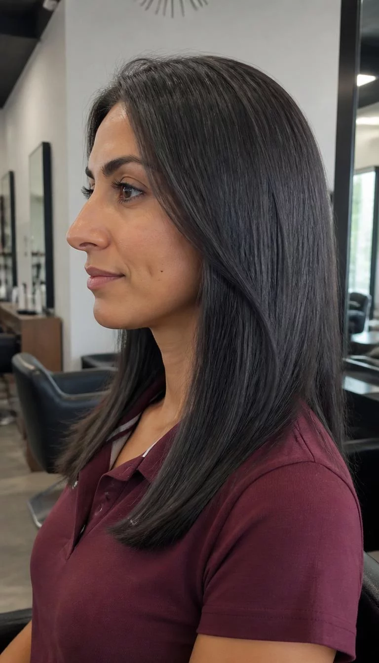 A side photo of a 25-year-old Mediterranean woman with a pear-shaped face, tan, aquiline nose, thin arched eyebrows, and thin lips. Her face features dimples, a few laugh lines, and subtle natural facial asymmetry. She has almond-shaped dark brown eyes, high cheekbones, neutral expression, relaxed. She is athletic and is wearing a burgundy tennis polo with cool charcoal slate long blunt cut hair, overcast daylight, hair salon