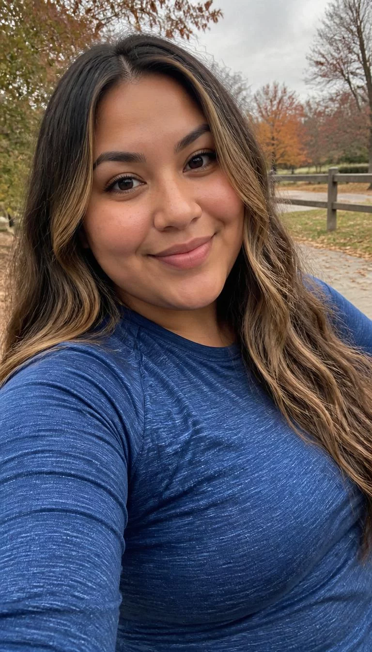 selfie of a 26-year-old Latina woman with a diamond face, tan, rounded nose, thin arched eyebrows, and full lips. Her face features faint freckles across the nose, slightly flushed cheeks, and subtle natural facial asymmetry. She has round brown eyes, soft cheekbones, closed-mouth smile, cheerful. She is plus-size and is wearing a denim blue athletic performance shirt with toasted honey balayage long beachy waves hair, overcast daylight, fall outdoor background