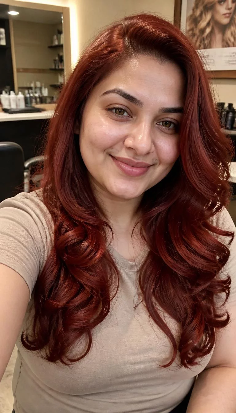 selfie of a 32-year-old South Asian woman with a square face, fair, narrow nose, straight eyebrows, and full lips. Her face features beauty mark near the lip, subtle acne marks, and subtle natural facial asymmetry. She has deep-set amber eyes, rounded cheeks, broad smile, relaxed. She is curvy and is wearing a beige basic crew neck t-shirt with saffron spice red long loose curls hair, warm indoor lighting, hair salon