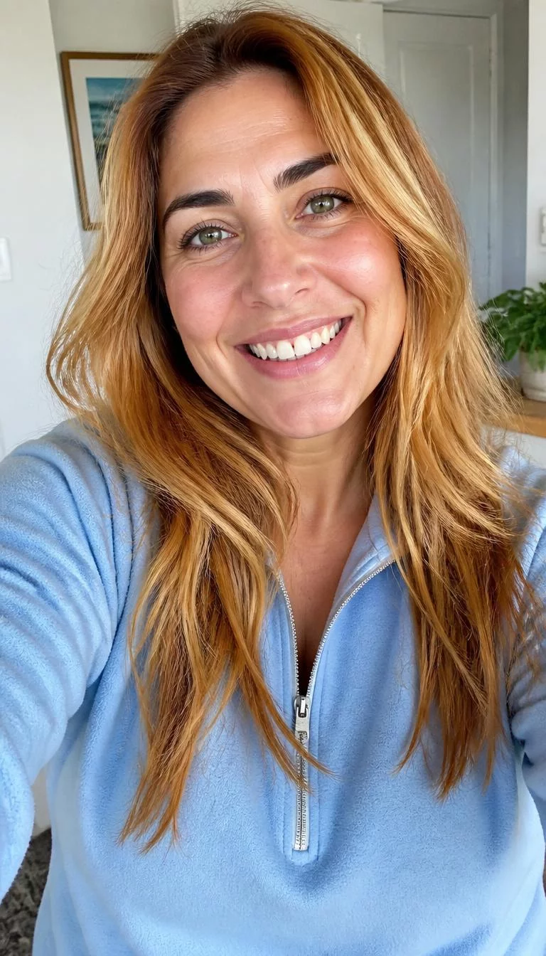 selfie of a 37-year-old Mediterranean woman with a round face, dark brown, aquiline nose, thick natural eyebrows, and full lips. Her face features gap between front teeth, slightly flushed cheeks, and subtle natural facial asymmetry. She has almond-shaped green eyes, high cheekbones, broad smile, cheerful. She is slim and is wearing a baby blue quarter-zip pullover with apricot crush gold long feathered hair, bright natural daylight, indoor