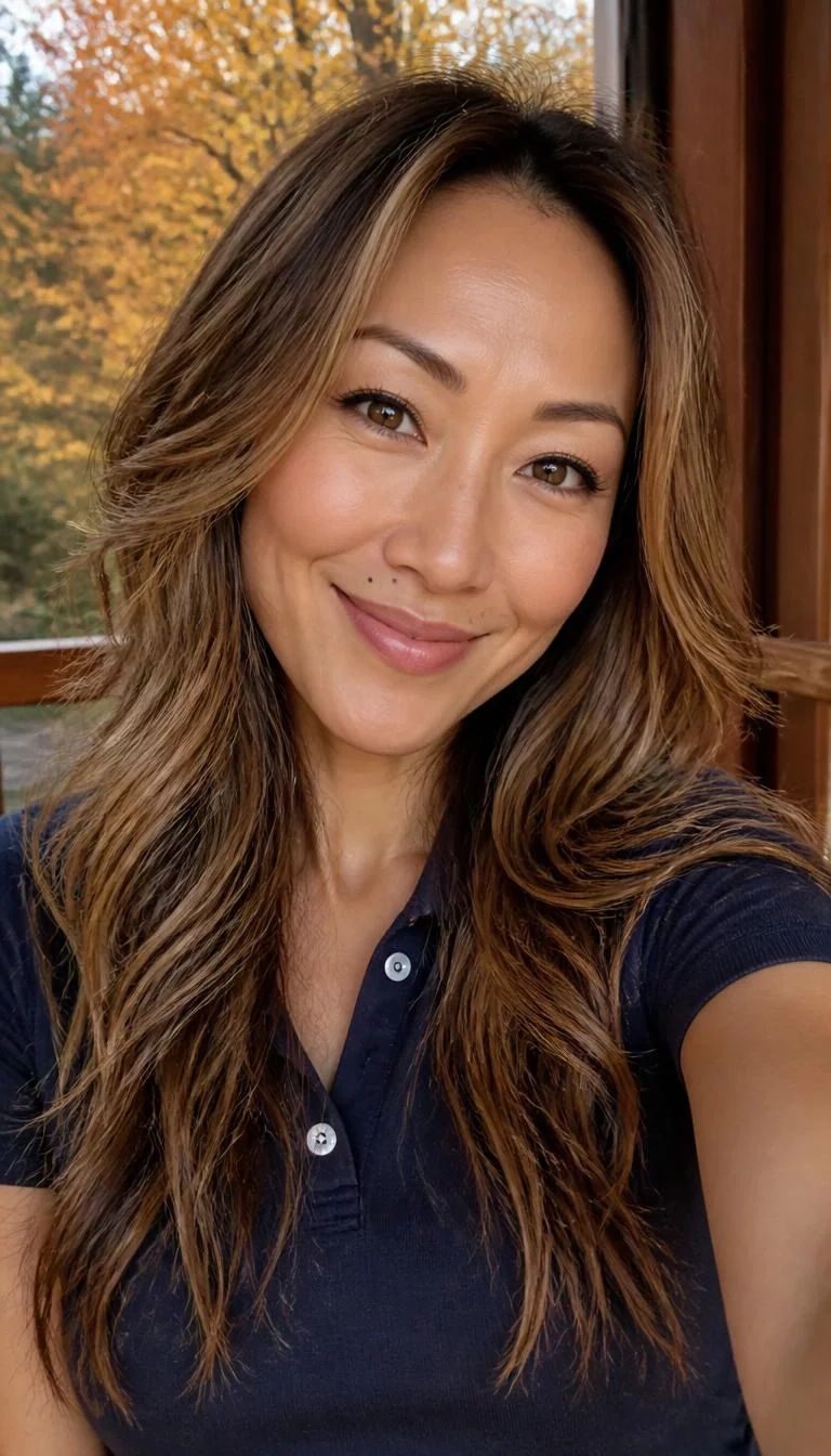 selfie of a 36-year-old East Asian woman with a oval face, golden brown, aquiline nose, softly curved eyebrows, and heart-shaped lips. Her face features beauty mark near the lip, a few laugh lines, and subtle natural facial asymmetry. She has upturned amber eyes, pronounced cheekbones, broad smile, playful. She is slim and is wearing a navy blue polo shirt with salted caramel swirl long layered waves hair, warm indoor lighting, fall outdoor background