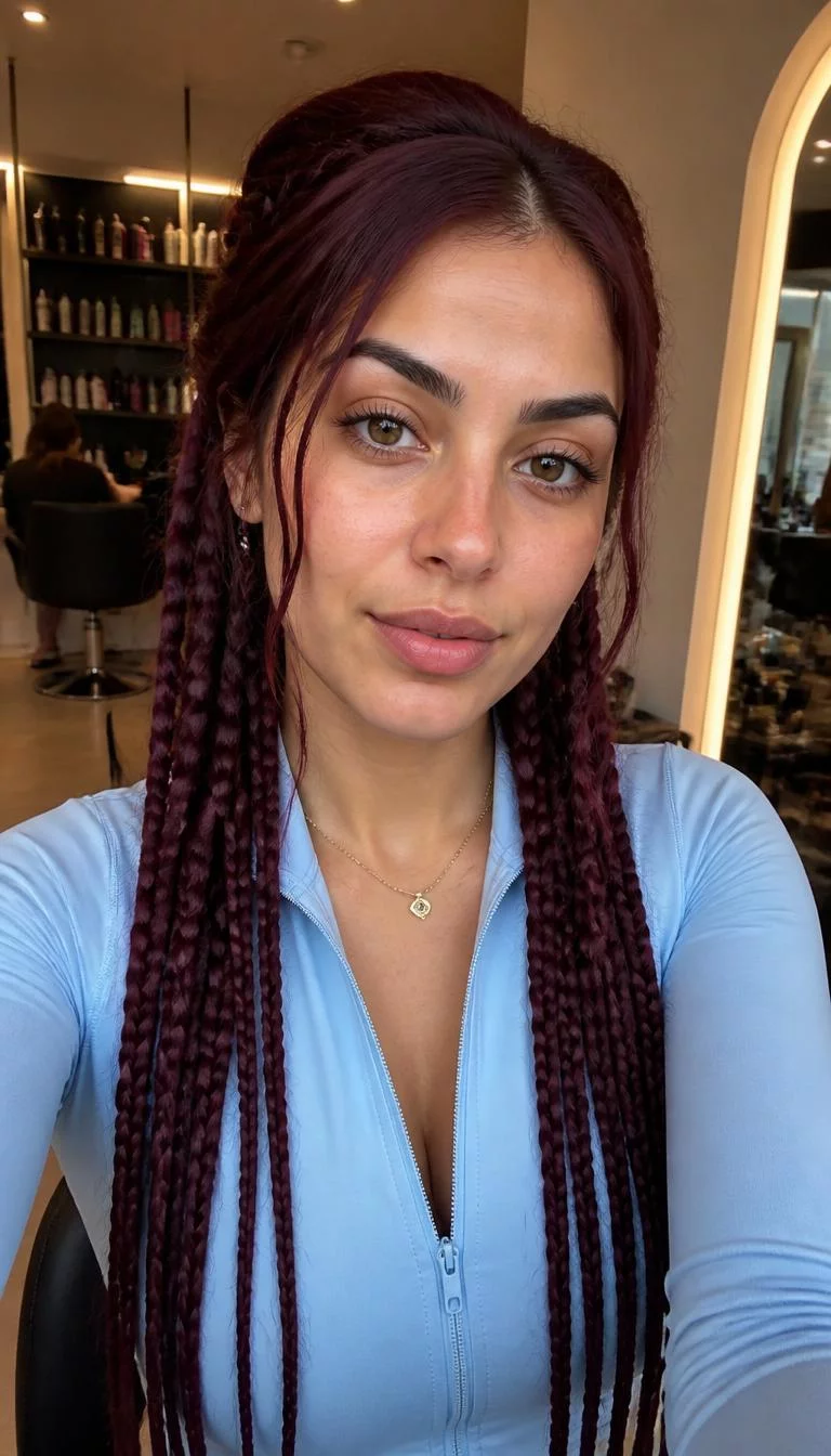 selfie of a 26-year-old Middle Eastern woman with a heart-shaped face, olive, narrow nose, thin arched eyebrows, and wide lips. Her face features dimples, a few laugh lines, and subtle natural facial asymmetry. She has deep-set amber eyes, rounded cheeks, neutral expression, confident. She is average and is wearing a baby blue activewear top with velvet merlot long braided hair, warm indoor lighting, hair salon