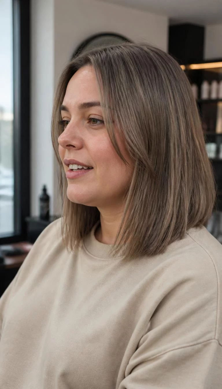 A side photo of a 27-year-old Northern European woman with a oblong face, golden brown, narrow nose, feathered eyebrows, and wide lips. Her face features gap between front teeth, faint under-eye shadows, and subtle natural facial asymmetry. She has round dark brown eyes, pronounced cheekbones, subtle smile, relaxed. She is plus-size and is wearing a beige crewneck sweatshirt with ashy oak long blunt lob hair, soft window light, hair salon