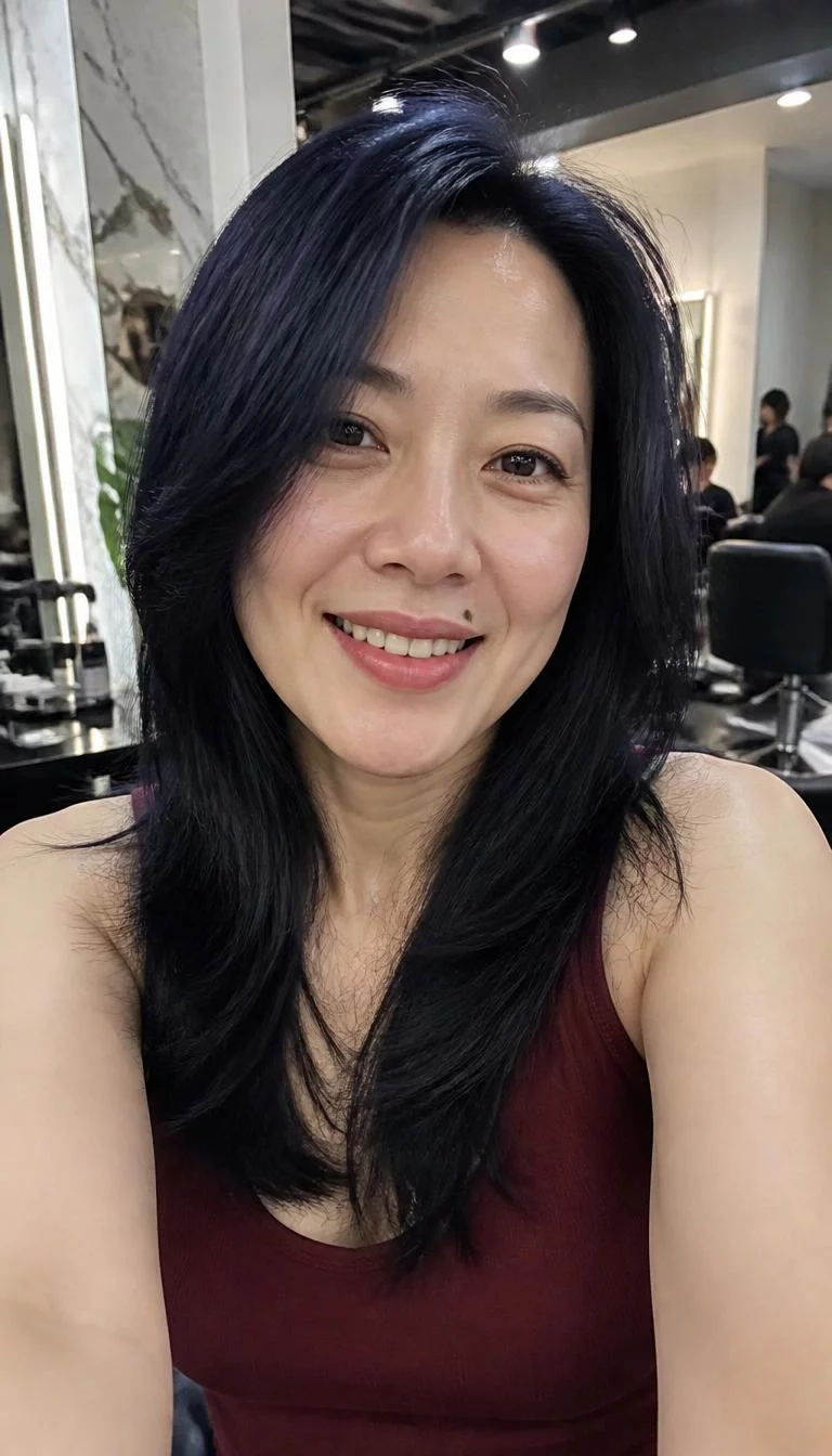 selfie of a 47-year-old East Asian woman with a square face, fair, straight nose, feathered eyebrows, and heart-shaped lips. Her face features beauty mark near the lip, faint under-eye shadows, and subtle natural facial asymmetry. She has hooded brown eyes, rounded cheeks, broad smile, cheerful. She is average and is wearing a burgundy tank-style top with midnight navy tint long glossy hair, overcast daylight, hair salon