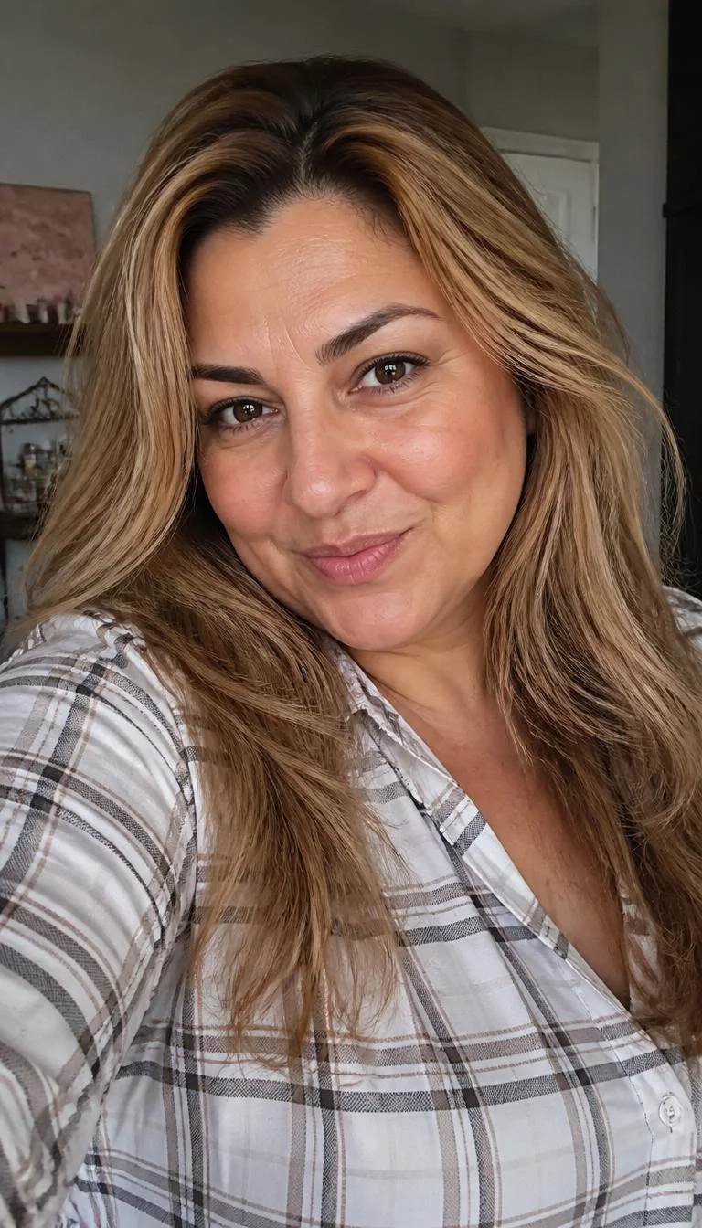 Burnished Antique Gold selfie of a 48-year-old Mediterranean woman with a diamond face, light, broad nose, feathered eyebrows, and heart-shaped lips. Her face features widow's peak hairline, a few laugh lines, and subtle natural facial asymmetry. She has downturned dark brown eyes, soft cheekbones, subtle smile, playful. She is plus-size and is wearing a White Plaid Shirt with antique gold blonde long layered hair, soft window light, indoor