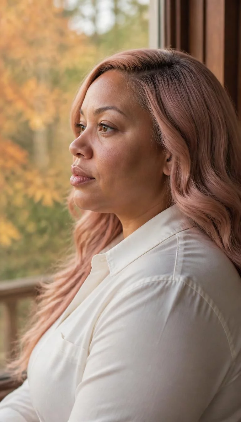 Pale Rose Quartz A side shot photo of a 43-year-old Mixed-race woman with a pear-shaped face, golden brown, rounded nose, thin arched eyebrows, and full lips. Her face features small scar on the eyebrow, visible pores, and subtle natural facial asymmetry. She has monolid amber eyes, high cheekbones, neutral expression, relaxed. She is plus-size and is wearing a Ivory Oxford Shirt with rose gold pink long wavy hair, soft window light, fall outdoor background