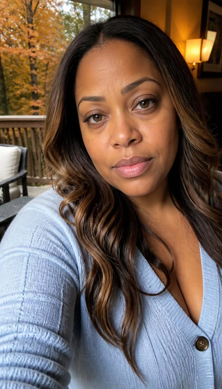 Salted Caramel Balayage selfie of a 39-year-old Afro-Caribbean woman with a oblong face, golden brown, narrow nose, feathered eyebrows, and full lips. Her face features uneven eyebrows, faint under-eye shadows, and subtle natural facial asymmetry. She has round amber eyes, soft cheekbones, neutral expression, thoughtful. She is plus-size and is wearing a Light Blue Cardigan with dark brown hair with caramel balayage long textured waves hair, warm indoor lighting, fall outdoor background
