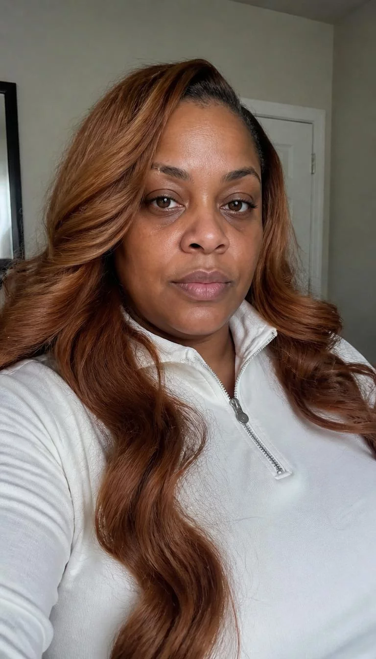 Deep Copper Amber selfie of a 46-year-old Afro-Caribbean woman with a round face, tan, straight nose, straight eyebrows, and wide lips. Her face features small scar on the eyebrow, faint under-eye shadows, and subtle natural facial asymmetry. She has deep-set dark brown eyes, pronounced cheekbones, neutral expression, confident. She is plus-size and is wearing a White Quarter-Zip Pullover with amber copper long voluminous curls hair, overcast daylight, indoor