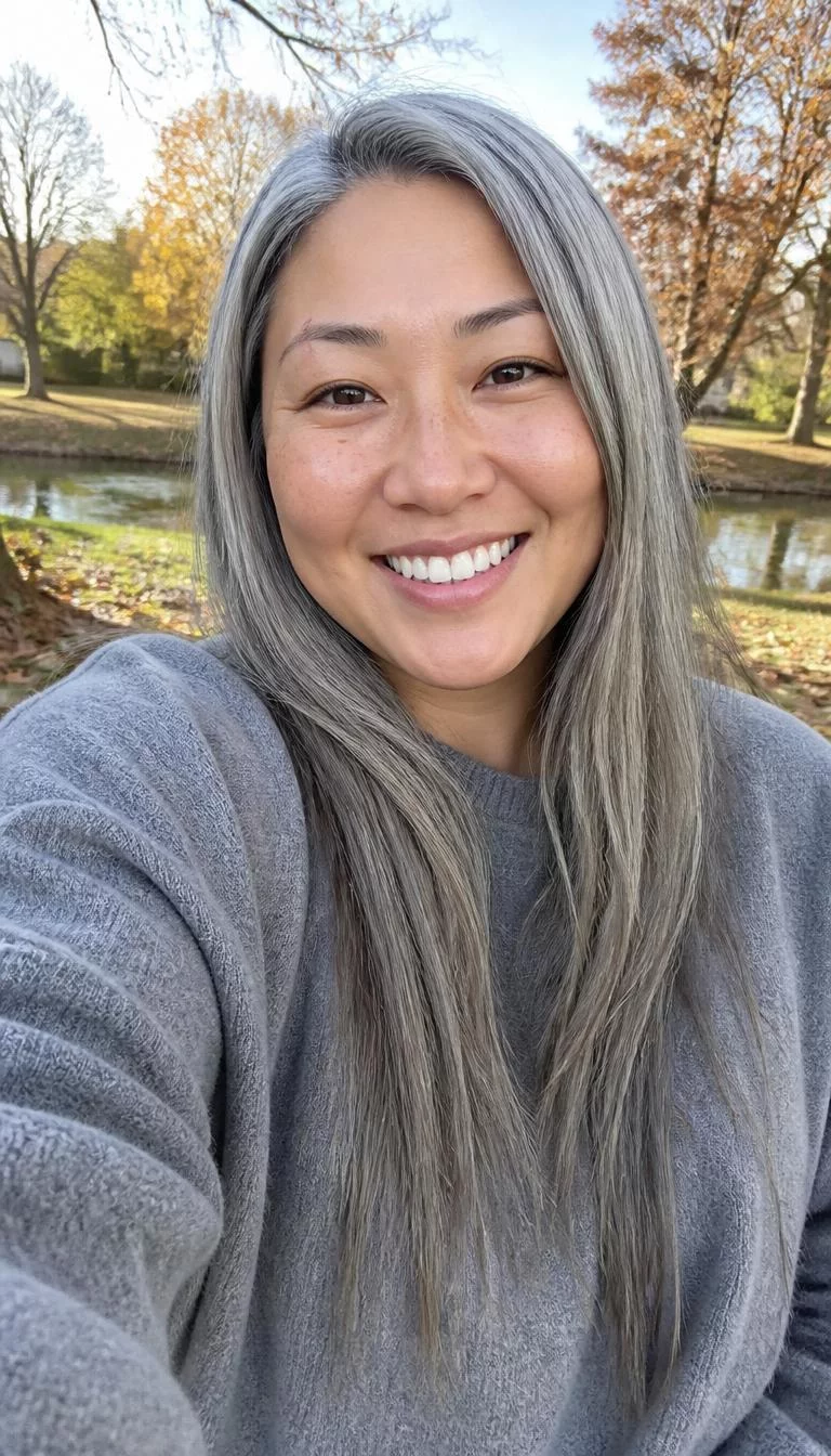 Sleek Silver Fox selfie of a 31-year-old East Asian woman with a square face, dark brown, aquiline nose, softly curved eyebrows, and full lips. Her face features small scar on the eyebrow, light freckles, and subtle natural facial asymmetry. She has monolid dark brown eyes, pronounced cheekbones, broad smile, relaxed. She is plus-size and is wearing a Gray Oversized Sweater with silver grey long straight hair, bright natural daylight, fall outdoor background