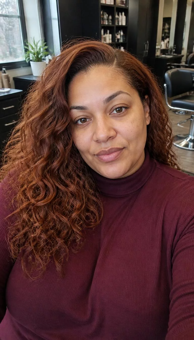 Warm Ginger Snap selfie of a 39-year-old Mixed-race woman with a oval face, deep brown, straight nose, softly curved eyebrows, and wide lips. Her face features small scar on the eyebrow, subtle acne marks, and subtle natural facial asymmetry. She has round amber eyes, soft cheekbones, neutral expression, playful. She is plus-size and is wearing a Burgundy Mock Neck Sweater with ginger red long curly hair, soft window light, hair salon