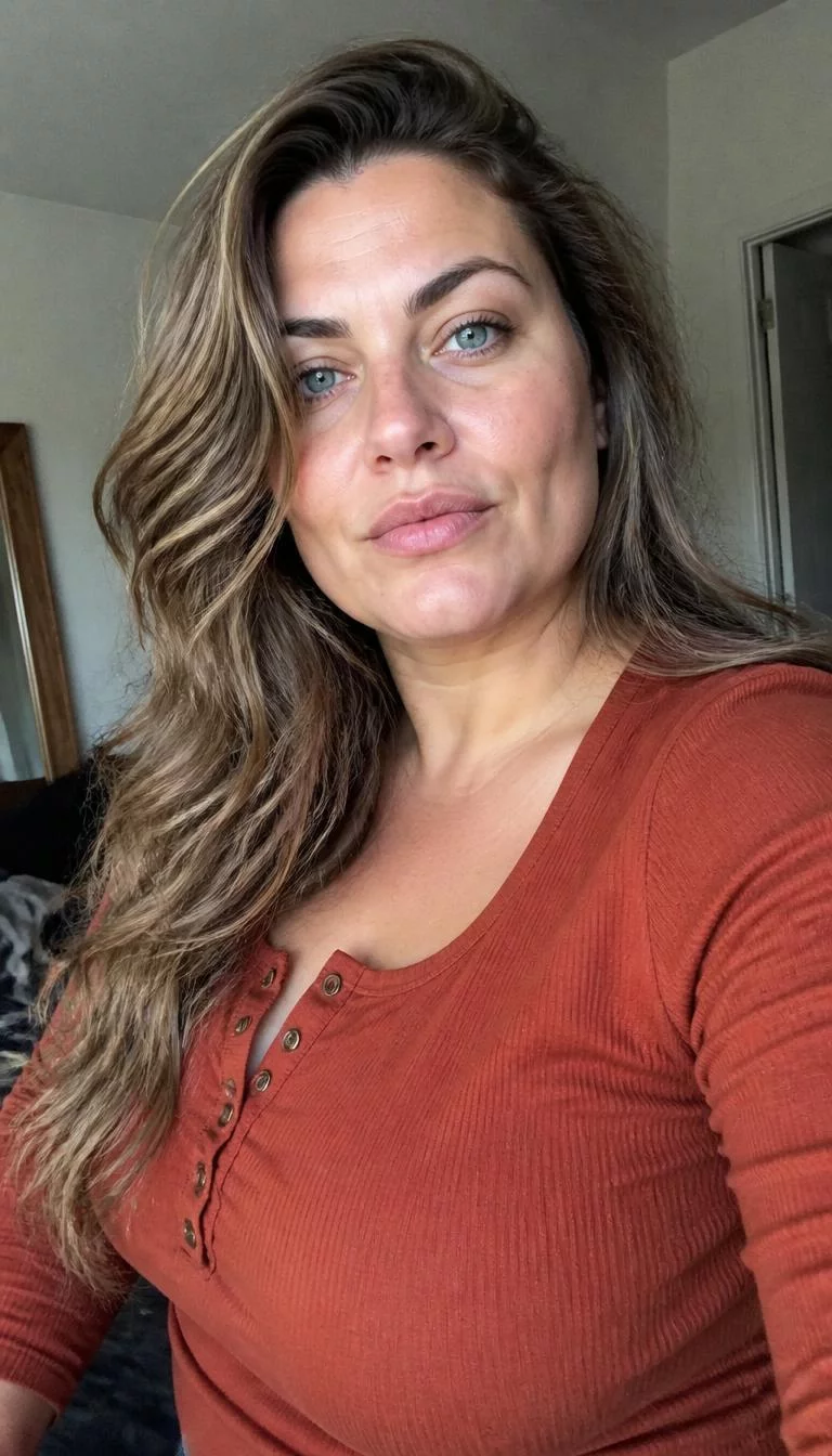 selfie ('A side photo' if the view is from the side or back) of a 35-year-old Southern European woman with a square face, fair, broad nose, thin arched eyebrows, and wide lips. Her face features dimples, subtle acne marks, and subtle natural facial asymmetry. She has round blue eyes, high cheekbones, neutral expression, confident. She is plus-size and is wearing a Rust Henley Shirt with smoky bronde long wavy hair, overcast daylight, indoor
