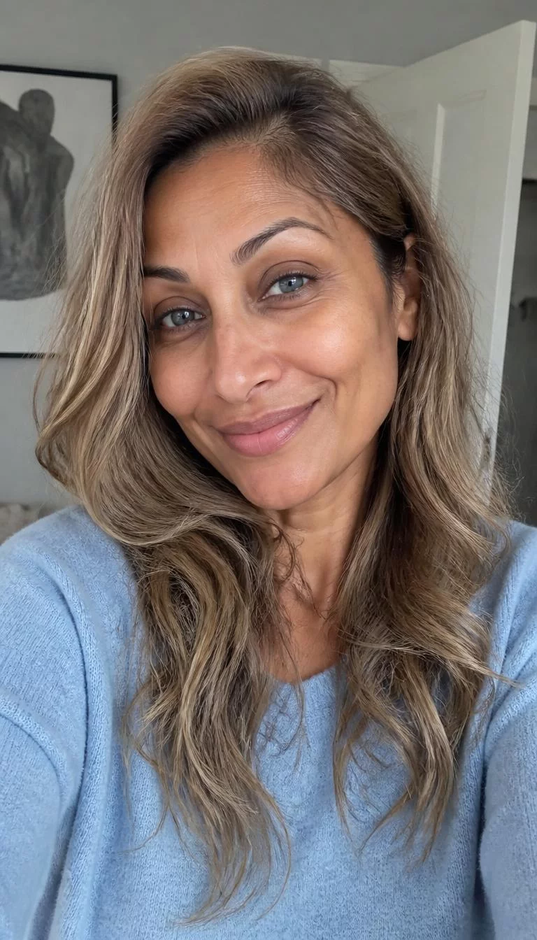 selfie of a 48-year-old South Asian woman with a oblong face, tan, rounded nose, thin arched eyebrows, and wide lips. Her face features slightly crooked smile, faint under-eye shadows, and subtle natural facial asymmetry. She has upturned blue eyes, high cheekbones, broad smile, playful. She is average and is wearing a Light Blue Sweater with muted mushroom blonde mid-back wavy hair, overcast daylight, indoor